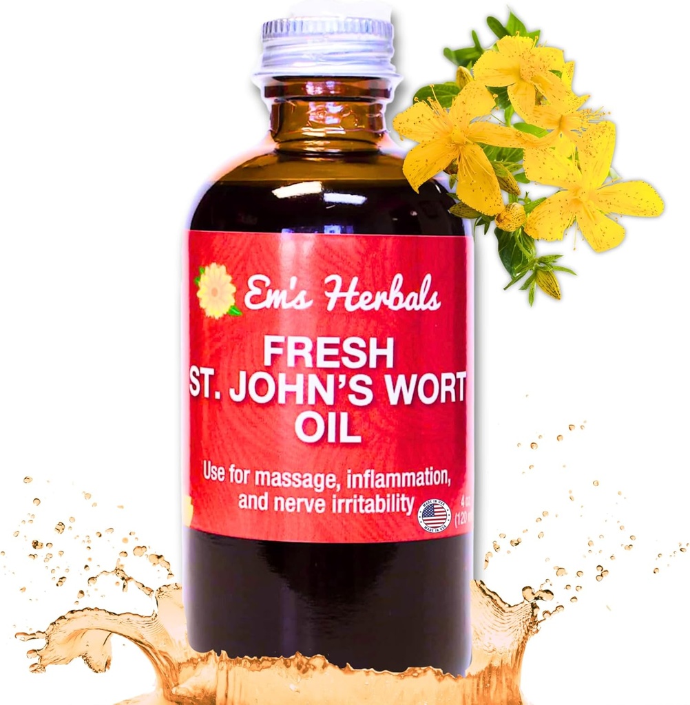 Em's Herbals Fresh St. John's Wort Oil - Wild Harvested in USA, Solution naturelle pour le malaise nerveux, éruptions cutanées, soins des plaies, cicatrices et marques stretch - peau, visage, corps, cheveux, huile de massage (4 Oz)