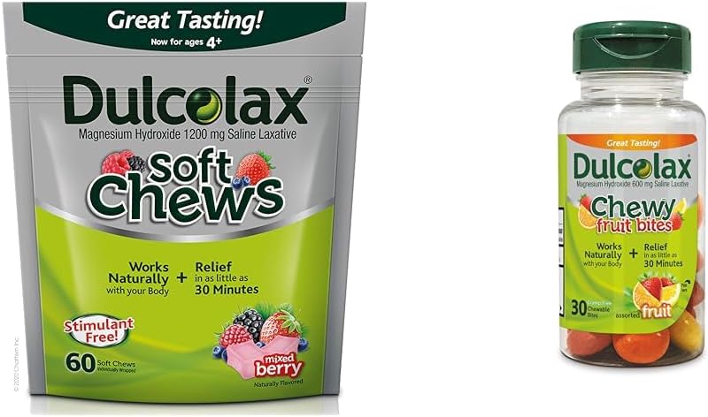 Dulcolax Soft Chews Saline Laxative Mixte Berry (60ct) Gentle Constipation Relief, Magnésium Hydroxyde 1200mg & Chewy Fruit Bites, Saline Laxative, Fruits assortis (30ct) Cramp-Free Constipation Relief