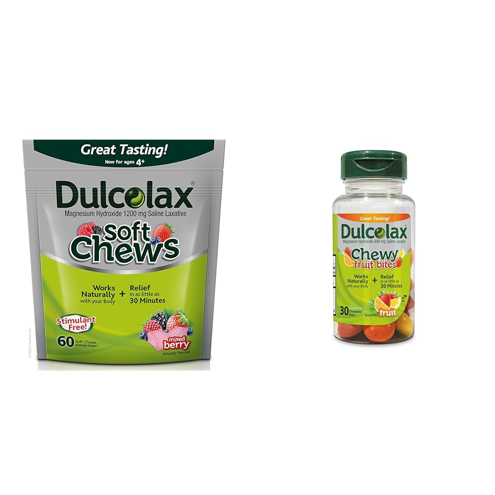 Dulcolax Soft Chews Saline Laxative Mixte Berry (60ct) Gentle Constipation Relief, Magnésium Hydroxyde 1200mg & Chewy Fruit Bites, Saline Laxative, Fruits assortis (30ct) Cramp-Free Constipation Relief