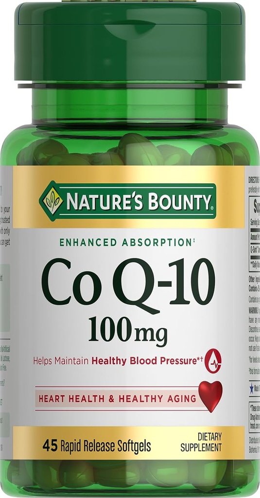 Nature's Bounty CoQ10 100mg pour le soutien de la santé cardiaque, non-OGM Q-Sorb Coenzyme Q-10 Antioxydants et bien-être cardiovasculaire, supplément alimentaire, softgels à libération rapide, 45 ct
