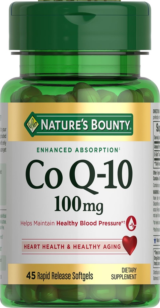 Nature's Bounty CoQ10 100mg pour le soutien de la santé cardiovasculaire, non-OGM Q-Sorb Coenzyme Q-10 Antioxydant support et mieux-être cardiovasculaire, supplément alimentaire, softgels à libération rapide, 45 ct