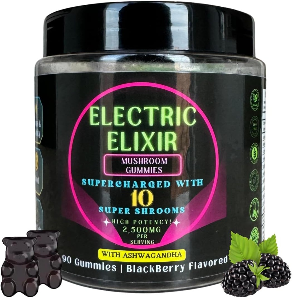 Lion's Mane & Ashwagandha Supplément Champignon Gommies - Organique, Végétalien, Nootropique, Sans gluten - Supplément Complète pour Focus Cerveau, Énergie, Mood & Stamina - 10 Mélange de Champignons 90Count BlackBerry