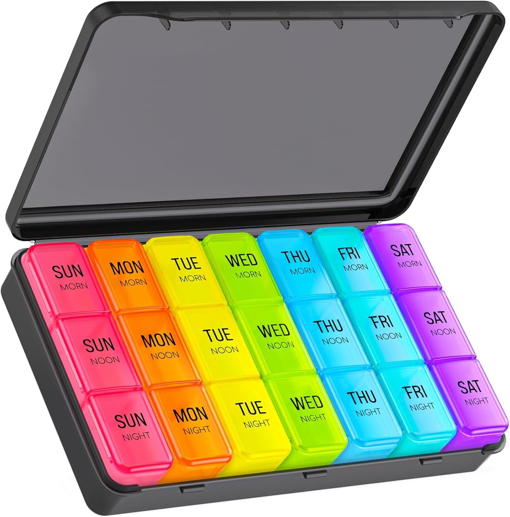 Grand organisateur de pilules 3 fois par jour, boîte à pilules hebdomadaire 7 jours avec étui extérieur noir pour la protection de la vie privée et la preuve de lumière, étui à pilules amies et portatives pour les vitamines, huiles de poisson, suppléments