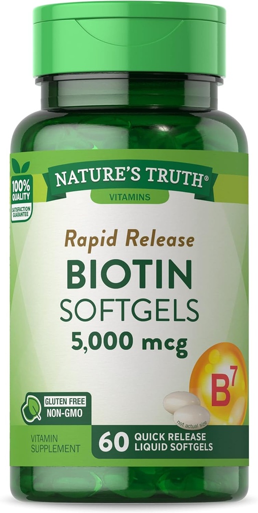 Nature's Truth Biotin 5000mcg, 60 softgels Supplément sans OGM et sans gluten pour les hommes et les femmes