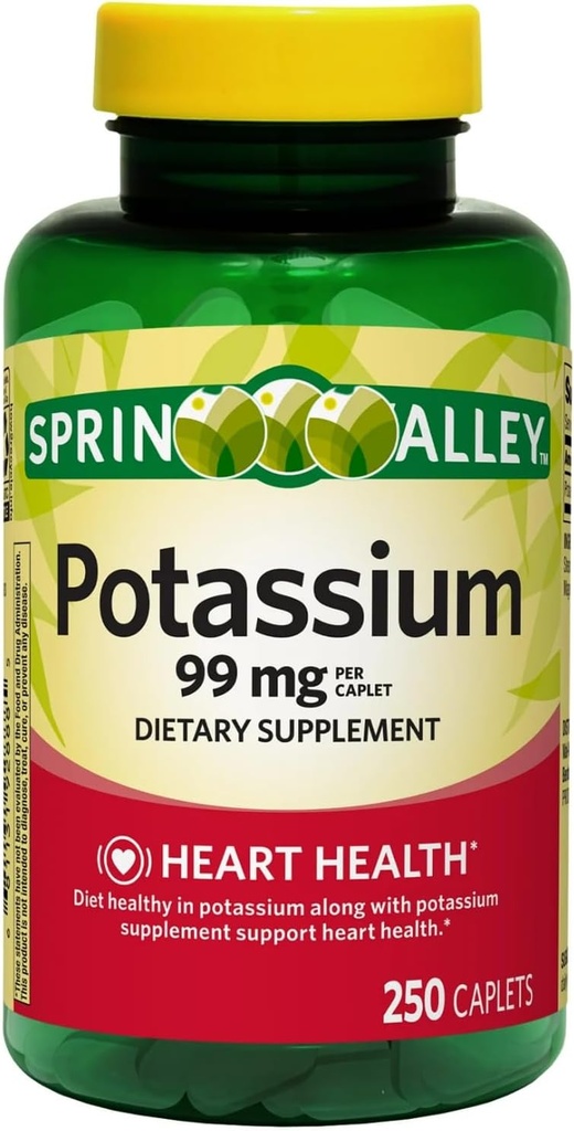 Potassium Heart Health Supplement Caplets, 99 mg, 250 Count (Pack of 1)