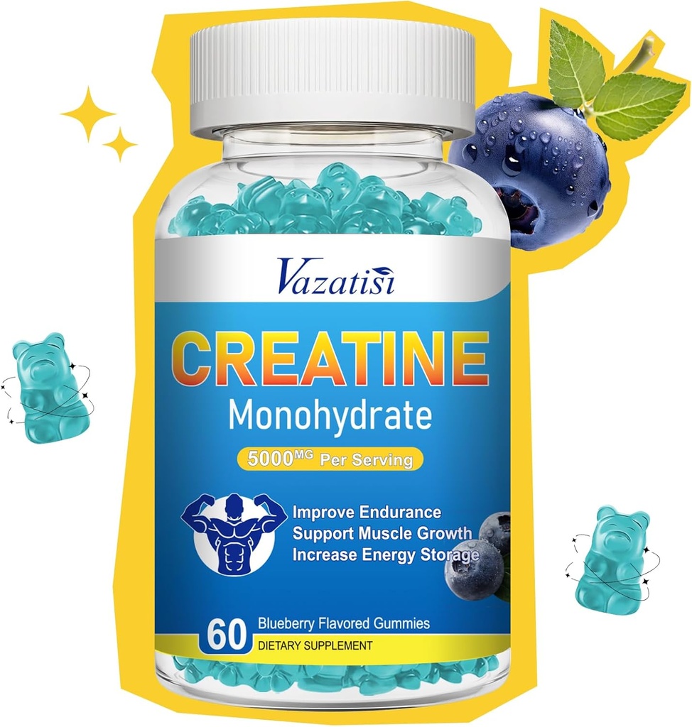 Gommies monohydratées de créatine pour les femmes et les hommes, supplément de créatine végétalien sans sucre pour construire des muscles, augmenter l'énergie et la force, Blueberry Flavor, 60 comte
