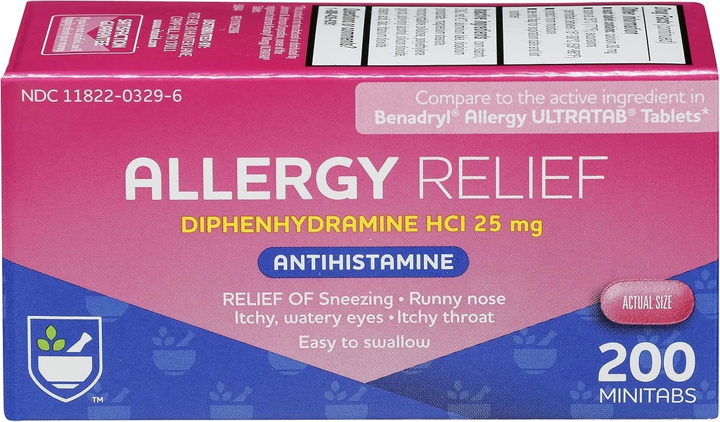 Rite Aid Antihistamine Allergie Relief avec la diphénhydramine.Médicament contre l'allergie Facile à avaler Petit comprimé Relief contre l'allergie.
