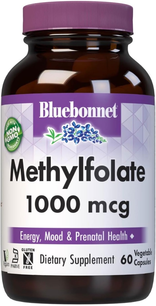 BlueBonnet Nutrition Méthylfolate 1000 mcg, pour l'énergie, l'humeur et la santé prénatale*, non OGM, végétalien, kosher certifié, sans gluten, 60 capsules végétales, 60 portions