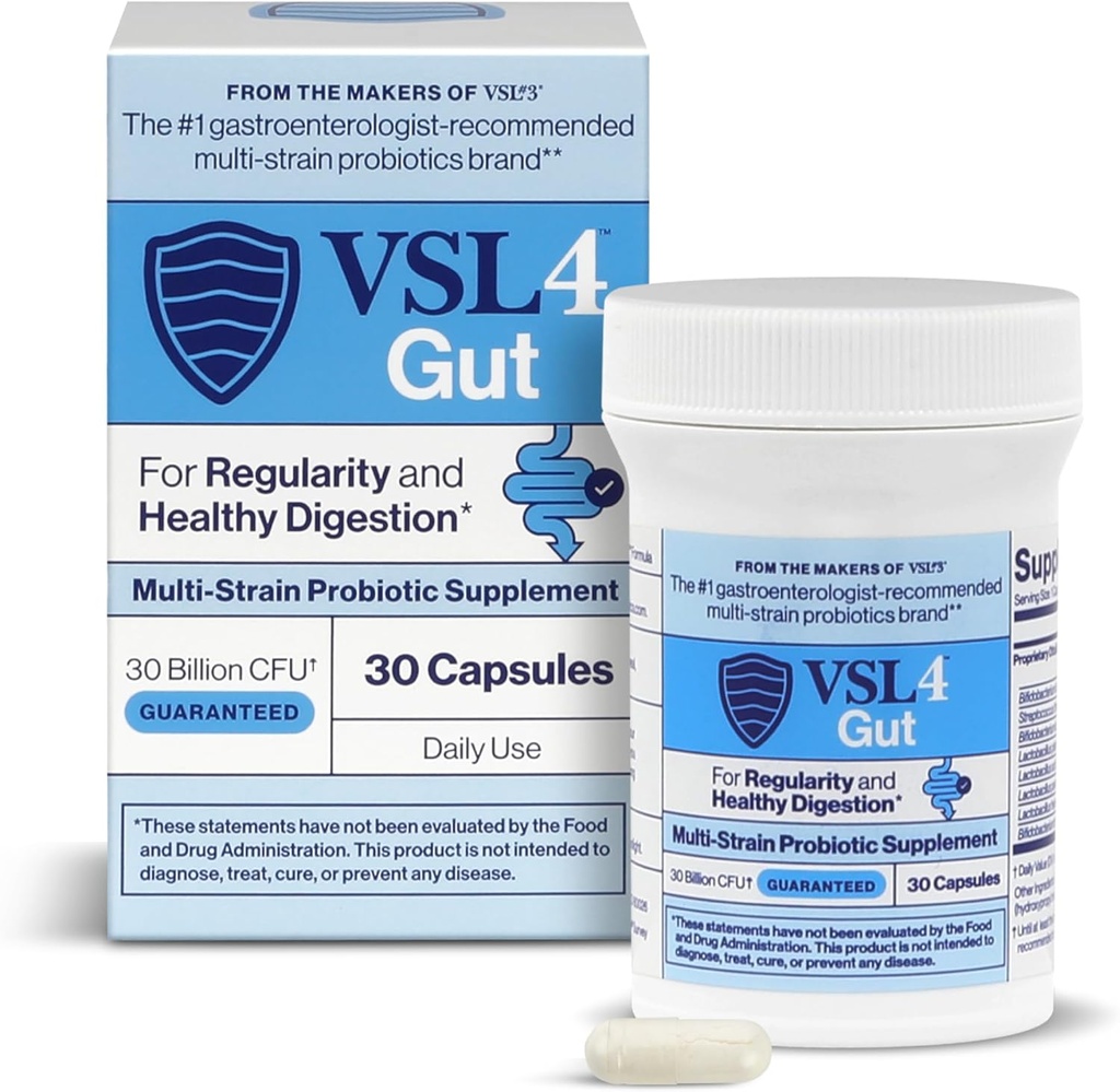 VSL4® Gut Daily Probiotics for Gut Health - 30B CFUs, soutien digestif multi-train pour les femmes et les hommes, favorise l'équilibre et la régularité de la Gut, Potent, supplément probiotique stable de plateau, 30 capsules