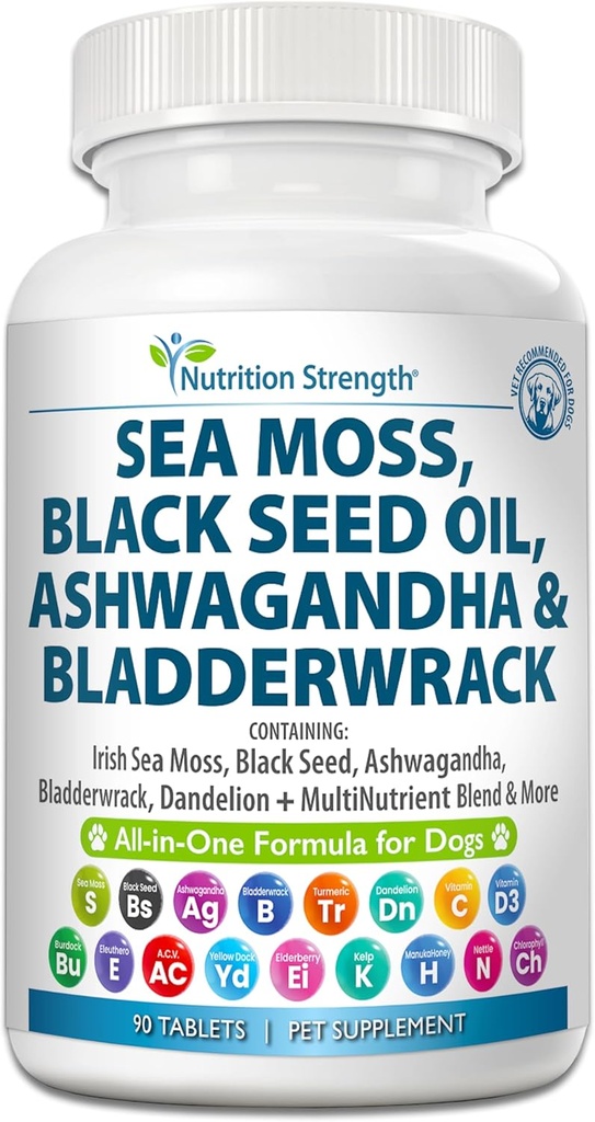 Mousse de mer pour chiens 750mg Huile de graines noires 500mg Ashwagandha 250mg Turmère 250mg Bladderwrack 250mg Dandelion 250mg et vitamine C Vitamine D3 avec Elderberry Manuka Yellow Dock 90 comprimés