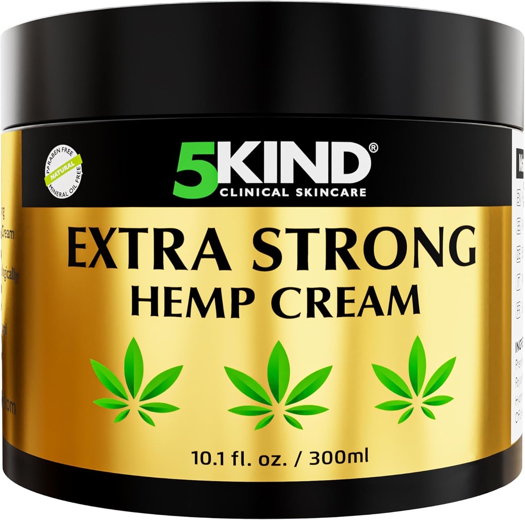 5kind Extra Strong Hemp Cream 10.1 fl oz - Maximum Strength - Natural Soothing Relief Joint Cream - Muscle Rub for Lower Back, Joints, Neck, Knees & Shoulders