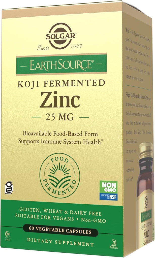 Solgar Earth Source Food Fermented Koji Zinc 25mg, 60 Capsules de légumes - Absorption supérieure, Biodisponible Zinc pour la santé immunitaire et de la peau - Non-OGM, végétalien, gluten Non, laiterie Non, Kosher - 60 portions