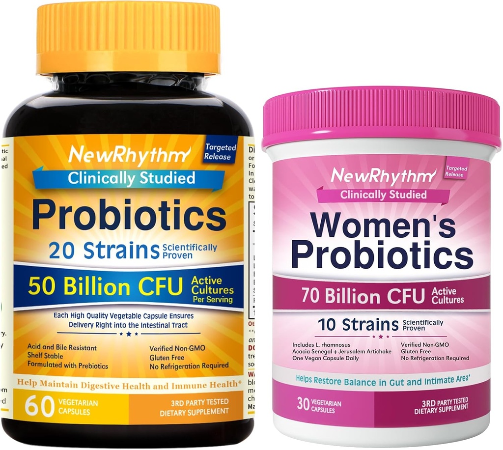 NewRhythm Gut & Feminine Health Bundle, Probiotics 50 milliards CFU et probiotiques pour femmes 70 milliards CFU, Daily Gut Health & Feminine Care, 90 capsules Total (paquet de 2)