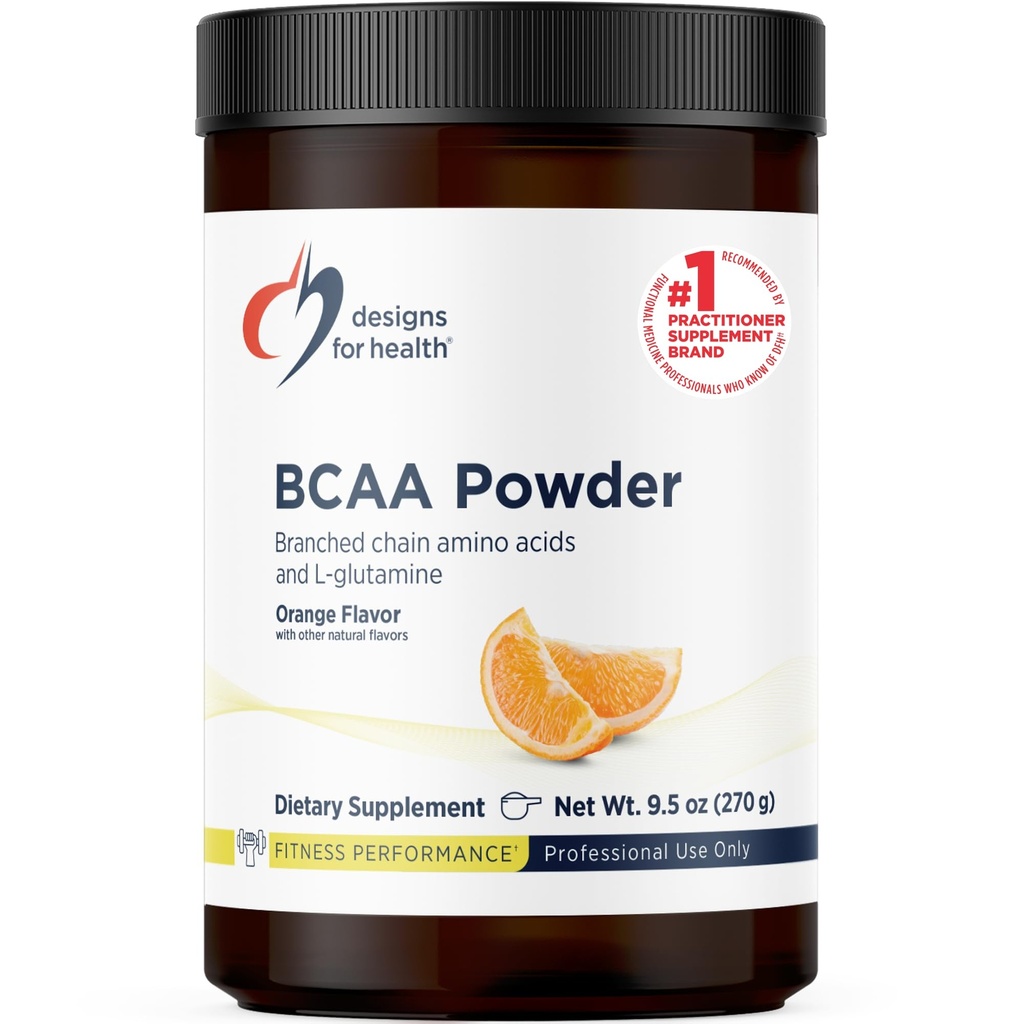 Conceptions pour la santé BCAA Poudre avec L-Glutamine - Acides aminés à chaîne ramifiée Poudre + L-Glutamine Supplément pour soutenir les muscles + entraînements - Mélange de boissons aromatisées orange (30 portions / 270g)