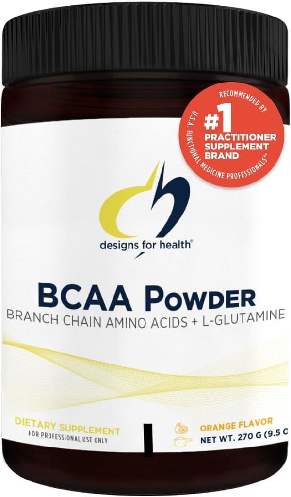 Designs for Health BCAA Powder with L-Glutamine - Branched Chain Amino Acids Powder + L-Glutamine Supplement to Support Muscles + Workouts - Orange Flavored Drink Mix (30 Servings / 270g)