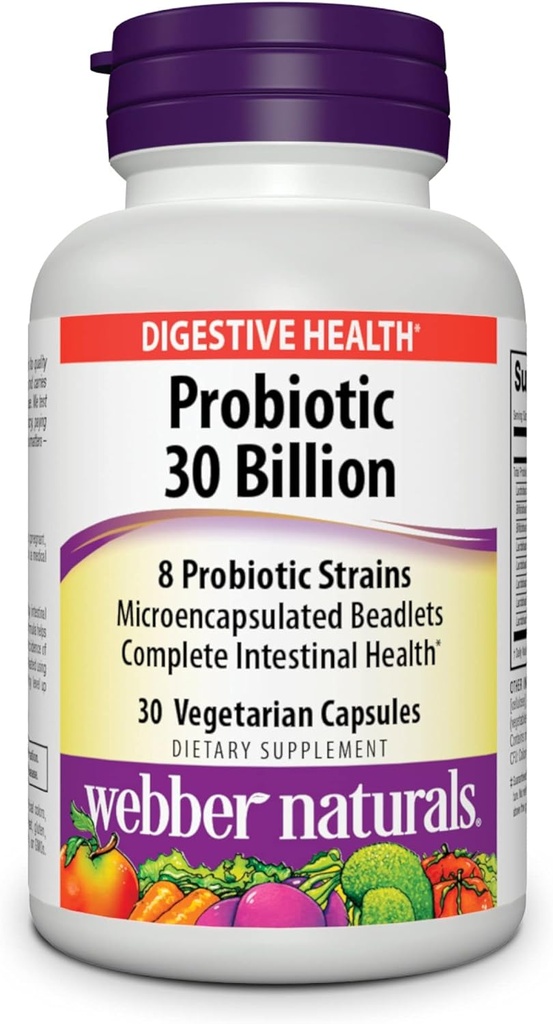Webber Naturals Probiotiques, haute puissance, 30 milliards UFC, pour hommes, femmes et adultes, plateau stable (pas de réfrigération nécessaire), 8 souches probiotiques, 30 capsules végétariennes, pour la santé digestive