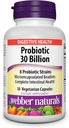 Webber Naturals Probiotiques, haute puissance, 30 milliards UFC, pour hommes, femmes et adultes, plateau stable (pas de réfrigération nécessaire), 8 souches probiotiques, 30 capsules végétariennes, pour la santé digestive