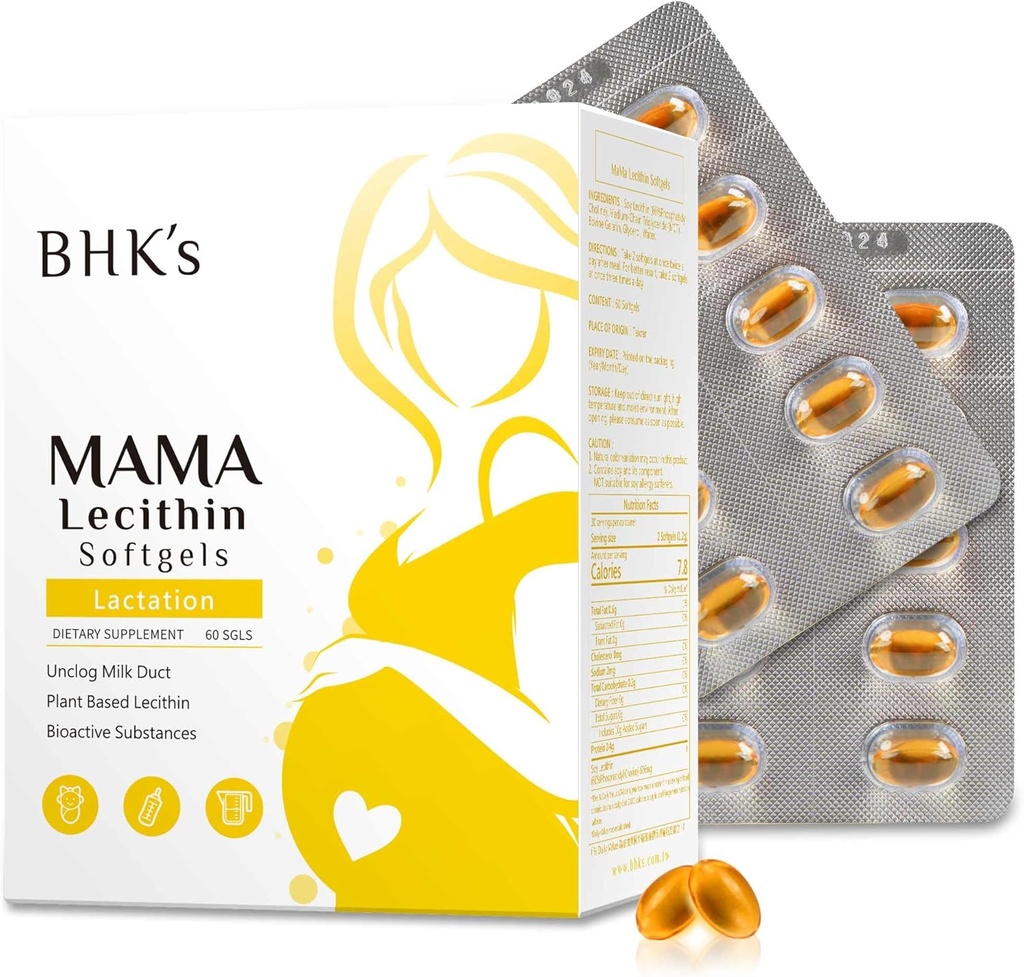 Mama Lecithin Softgels de BHK, Unclog ducts mammaires pour une allaitement plus lisse, supplément pour la grossesse, éviter les ducts de lait clopé, 60 softgels, 2 semaines d'approvisionnement