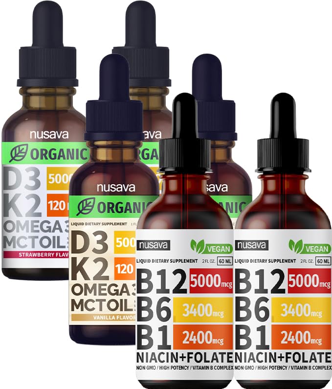 NUSAVA Vitamine B12 Liquid Drops Bundle, Fraise Aromatisée D3 K2, et Vanilla Aromatisée D3 K2 - Potent Vitamines liquides pour le coeur, l'énergie, le cerveau et l'immuno Support - Non-OGM, sans gluten, 2pk Chaque