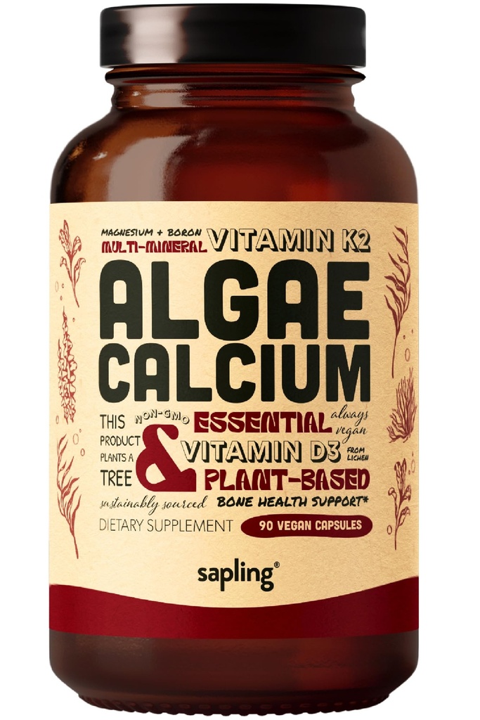 Supplément de calcium - Alimentation entière avec vitamine K2 et D3, Magnésium, zinc, Boron, Complexe minéral. Source durable des algues rouges pour la force osseuse et le soutien. Non-OGM et Vegan 90 Capsules.