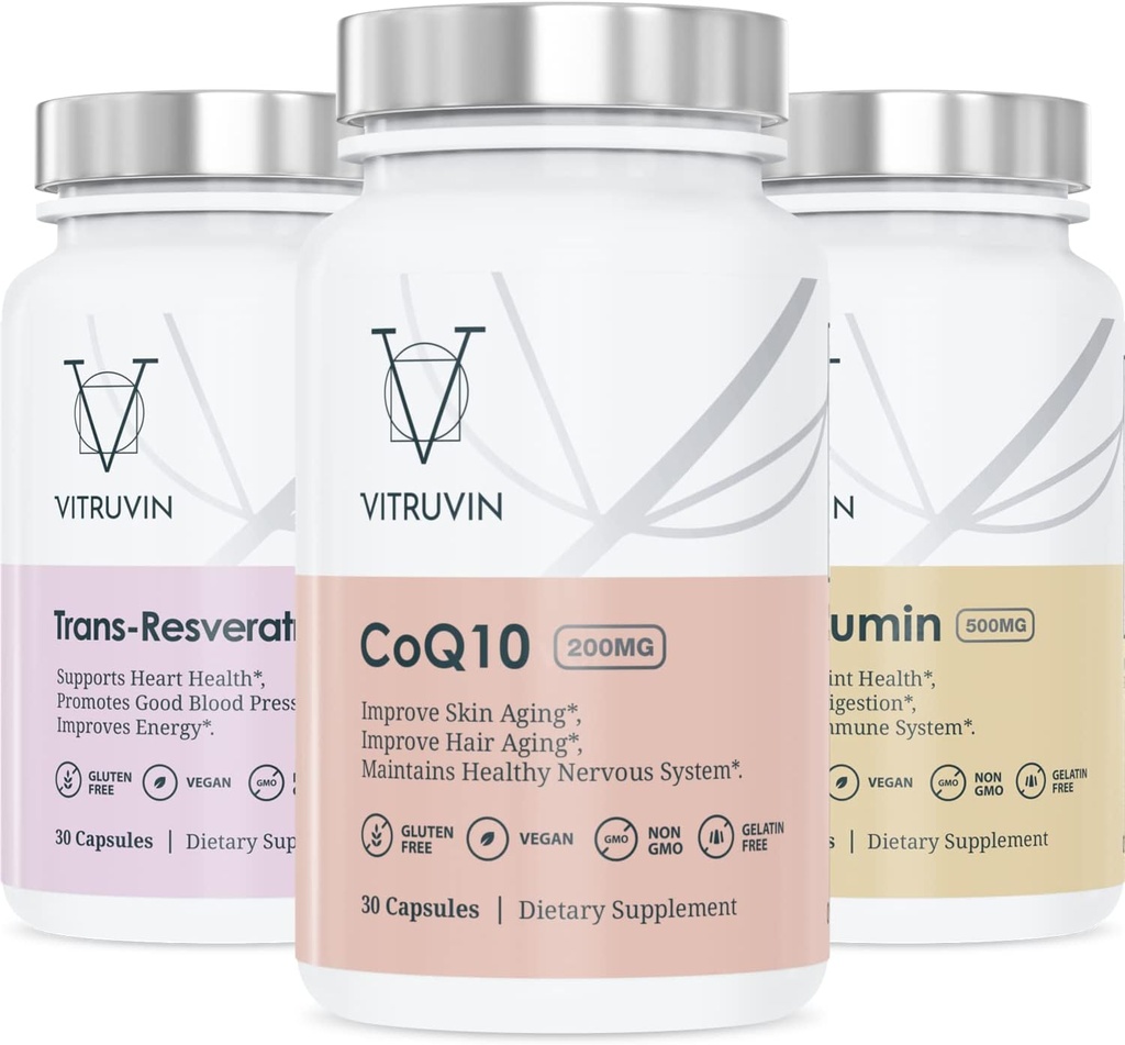 Vitruvin Beauty + Comfort Pack COQ10 200mg + Trans- Resveratrol 500mg + Curcumin 500mg, Vegan, Non-OGM, Sans gluten, Sans gélatine.