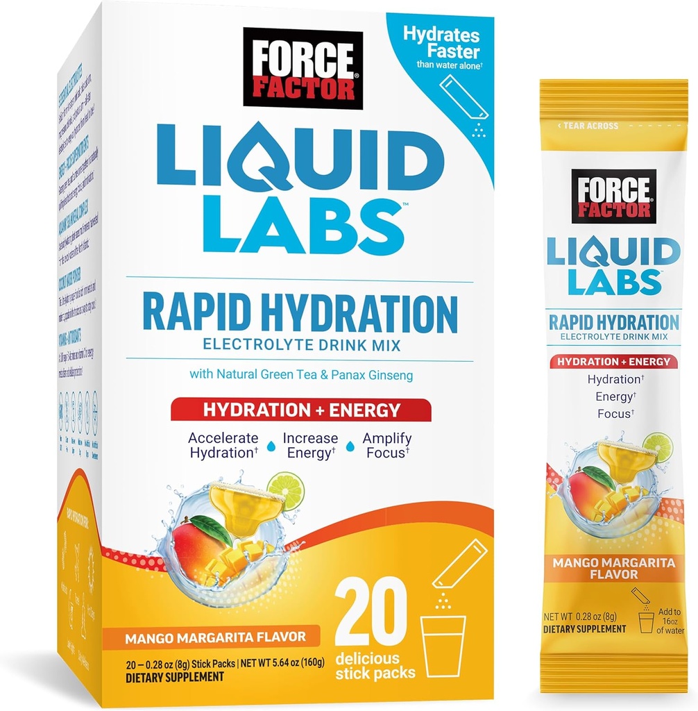 Facteur de force Laboratoires liquides Electrolytes Powder Packets—Mango Margarita—Packs d'hydratation énergétique pour faire de l'eau électrolyte avec 5 électrolytes essentiels, vitamines, minéraux et antioxydants, 20 Stick Packs