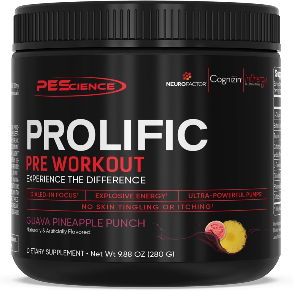 PEScience Prolifique poudre pré-entraînement pour les hommes et les femmes avec L-Citrulline Nitric Oxide Booster, Poudre d'énergie et Nootropic pour Focus – Pré-travail sans Beta Alanine – 40 Scoops, Guava Ananas Punch