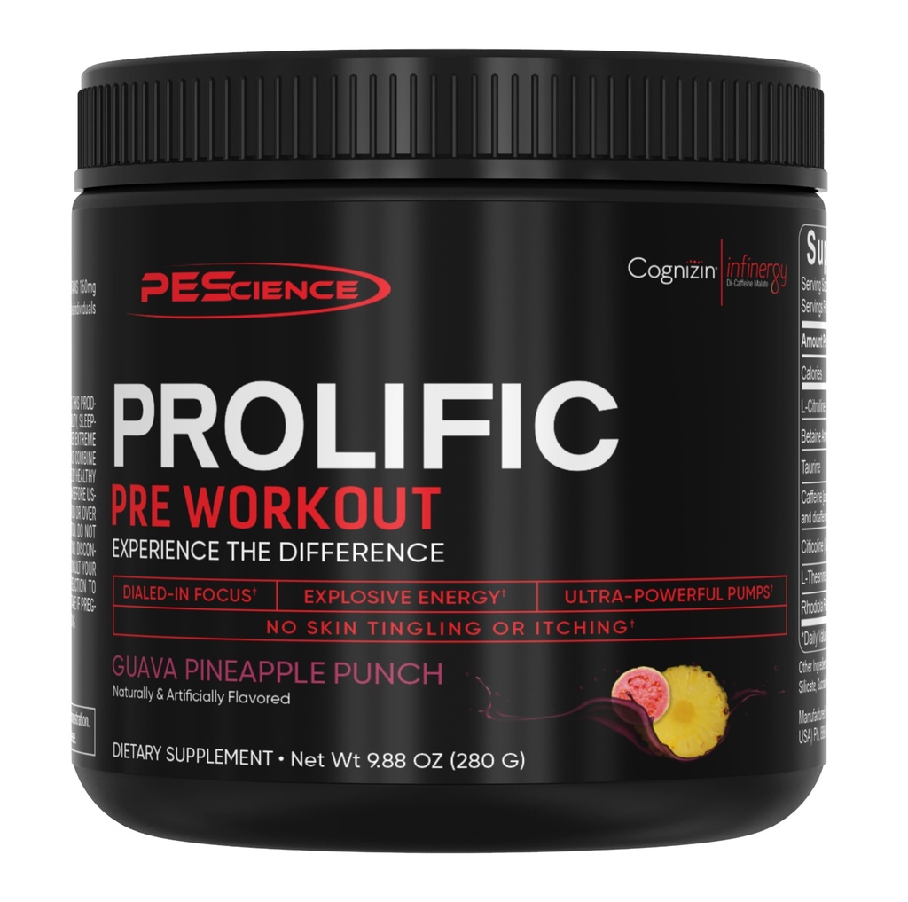 PEScience Prolifique poudre pré-entraînement pour les hommes et les femmes avec L-Citrulline Nitric Oxide Booster, Poudre d'énergie et Nootropic pour Focus – Pré-travail sans Beta Alanine – 40 Scoops, Guava Ananas Punch
