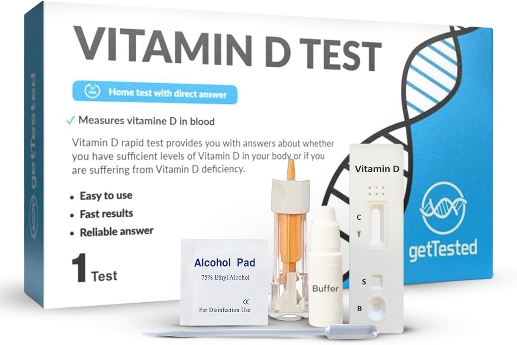 getTested Vitamin D Test Kit at Home - Self Test for Vitamin D Deficiency - Fast, exact Results - Easy to Use - No Lab Required - Inclut Lancet Buffer Cassette - Doigt Prick Test sanguin