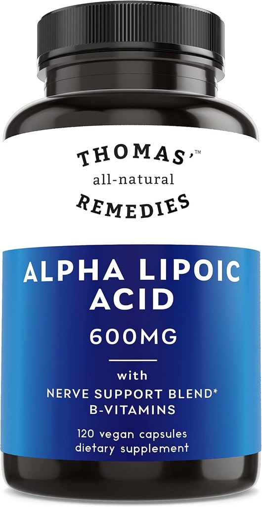 Remèdes tout-naturels de Thomas acide lipoïque Alpha 600mg, 120 Capsules avec B-Vitamines, Vegan, Pas de remplissage