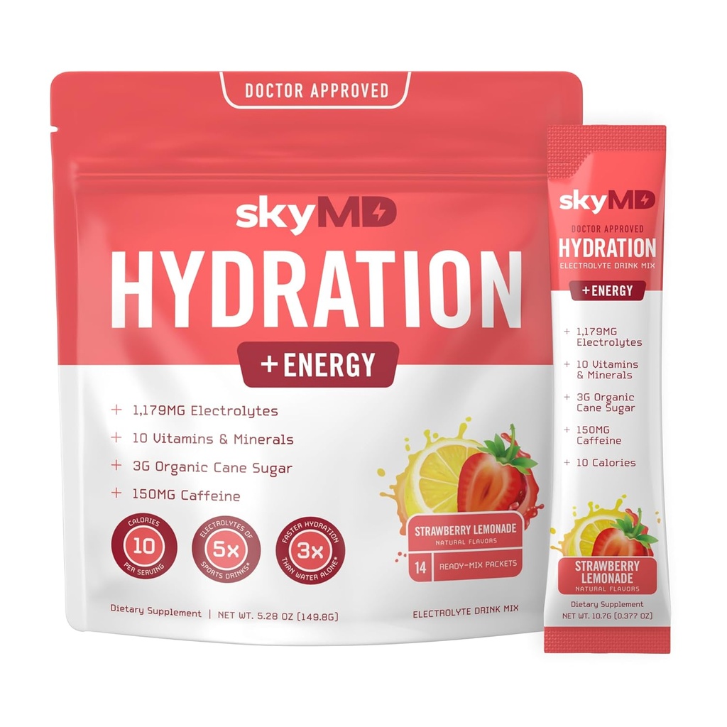 SkyMD Hydratation + énergie (en anglais) Electrolytes Powder Packets (en anglais) Faible sucre, sodium, 10 calories (en anglais) 10 vitamines et minéraux (en anglais) 150 g de caféine pour une concentration et une performance accrues (en anglais) 14 bâtons