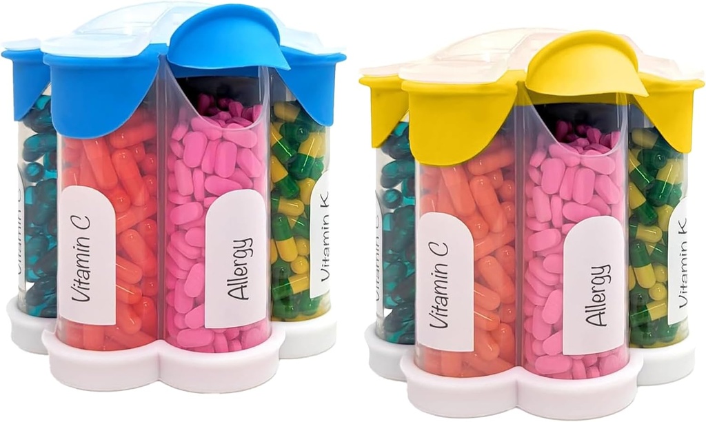 Extra Large Pill Organizer Daily, Weekly, Monthly Supplement Bottle, Cute Blossom Pill Dispenser with 7 XL Compartments (2 Pack Combo) (Light Blue and Yellow)