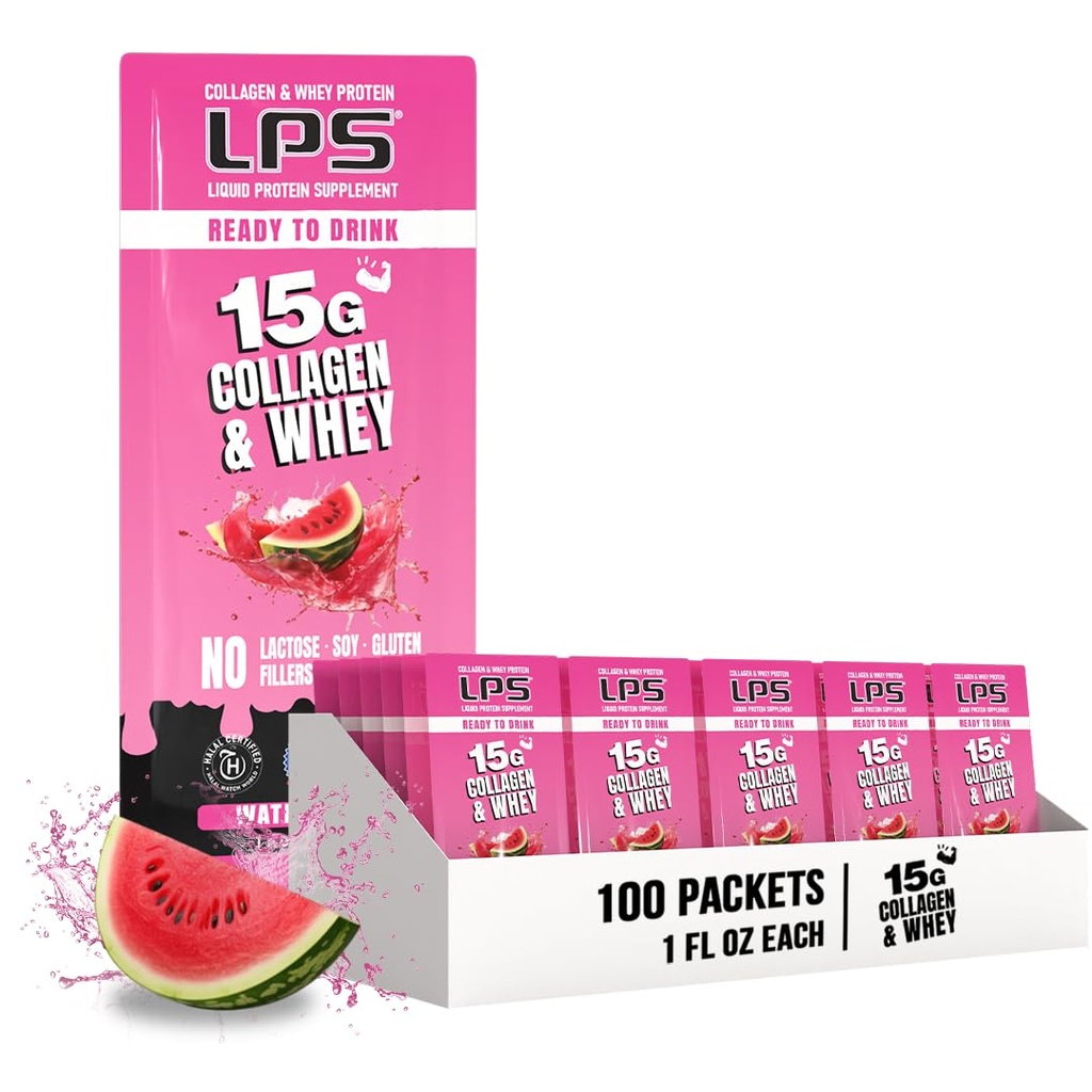 Conceptions nutritionnelles LPS Collagène liquide et supplément de protéines de lactosérum - boisson non-OGM, sans sucre - favorise la santé de la peau et des cheveux pour les hommes et les femmes, pastèque, service unique (100 paquets)