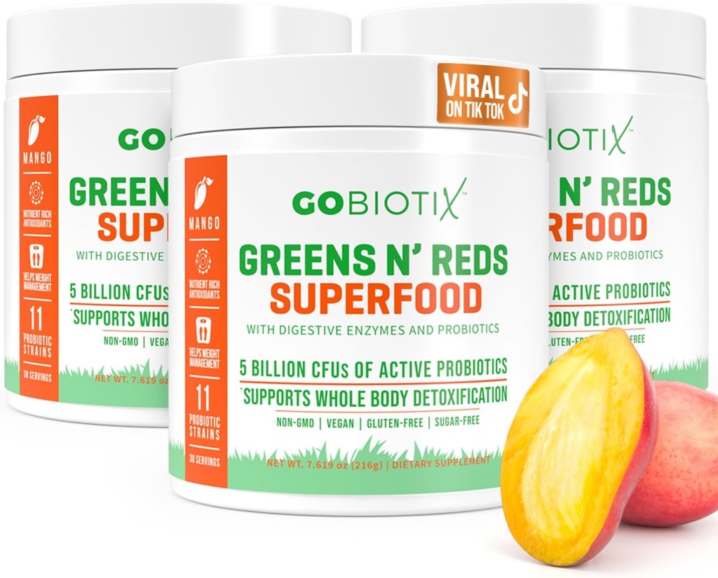 GOBIOTIX Super Greens and Reds Powder - Red and Green Superfood - Supplément probiotique - Enzymes digestifs et poudre de racine de betterave - Complément alimentaire biologique entier (Mango, 3 Pack)