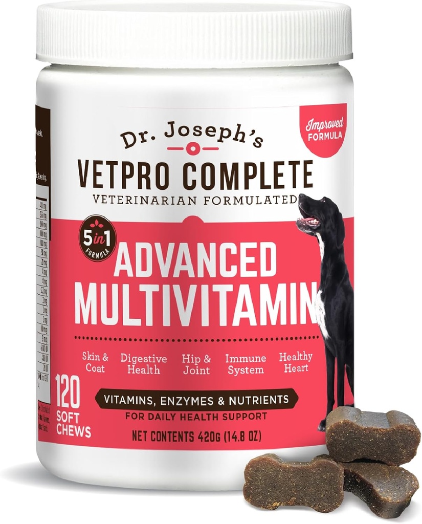 Supplément complet pour chiens multivitamines du Dr Joseph VetPro, 120 comtes (gros chiens 60 jours d'approvisionnement), 5po1 avec vitamines, enzymes et nutriments, santé de la hanche et des articulations, système immunitaire et soutien à l'allergie