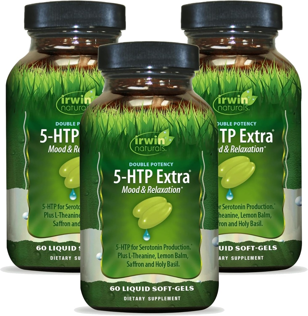 Irwin Naturals Double puissance 5-HTP Extra - 60 Liquid Soft-Gels, pack de 3 - pour la relaxation et la production de sérotonine - 90 Total des portions