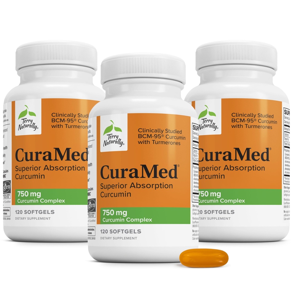 Terry naturellement CuraMed 750 mg - Supplément antioxydant pour la santé du cerveau et du coeur - Supplément avec complexe de curcumine de haute puissance - Soutien de la santé du rein, du foie et de l'immunité - 120 Softgels (paquet de 3)