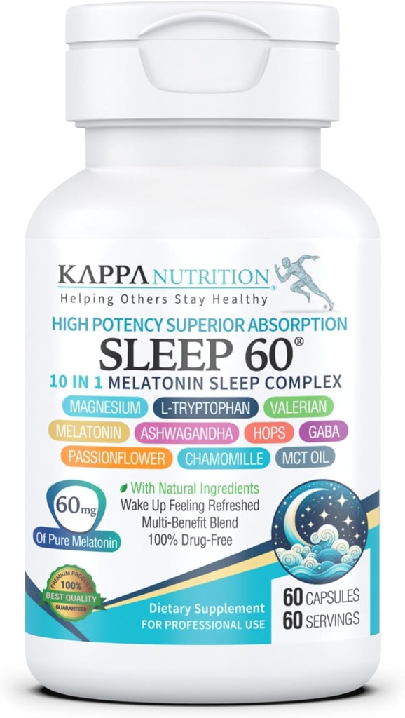 KAPPA NUTRITION Sommeil 60, Aide au sommeil, 60mg de mélatonine, 60 jours d'approvisionnement, Capsules de végétalien non Habit formant des ingrédients naturels pour le coucher plus facile, supplément à base de plantes, racine valériane, Camomille non-OGM