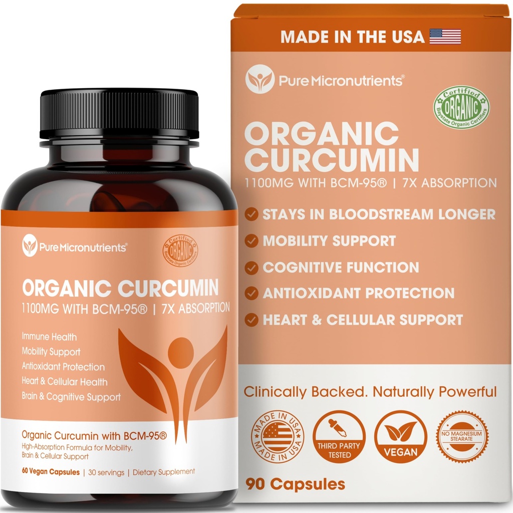 Organic Turmeric Curcumin with Black Pepper & BCM-95 - for Inflammatory Support, Brain & Immune Health - 60 Vegan Turmeric Capsules, 1000mg Per Serve - Herbal Curcumin Supplements
