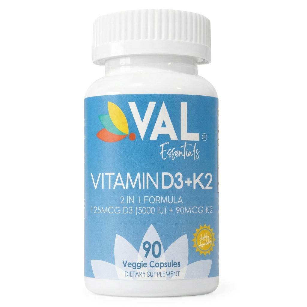 VAL Vitamine D3 + K2 (MK-7) 5000 UI & 90 mcg – Bone & Heart Health Support – Haute puissance, non-OGM, facile à avaler – 90 Capsules Vegan – Supplément D3 K2 Fabriqué aux États-Unis
