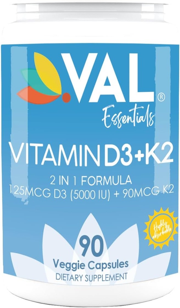 VAL Vitamine D3 + K2 (MK-7) 5000 UI & 90 mcg – Bone & Heart Health Support – Haute puissance, non-OGM, facile à avaler – 90 Capsules Vegan – Supplément D3 K2 Fabriqué aux États-Unis