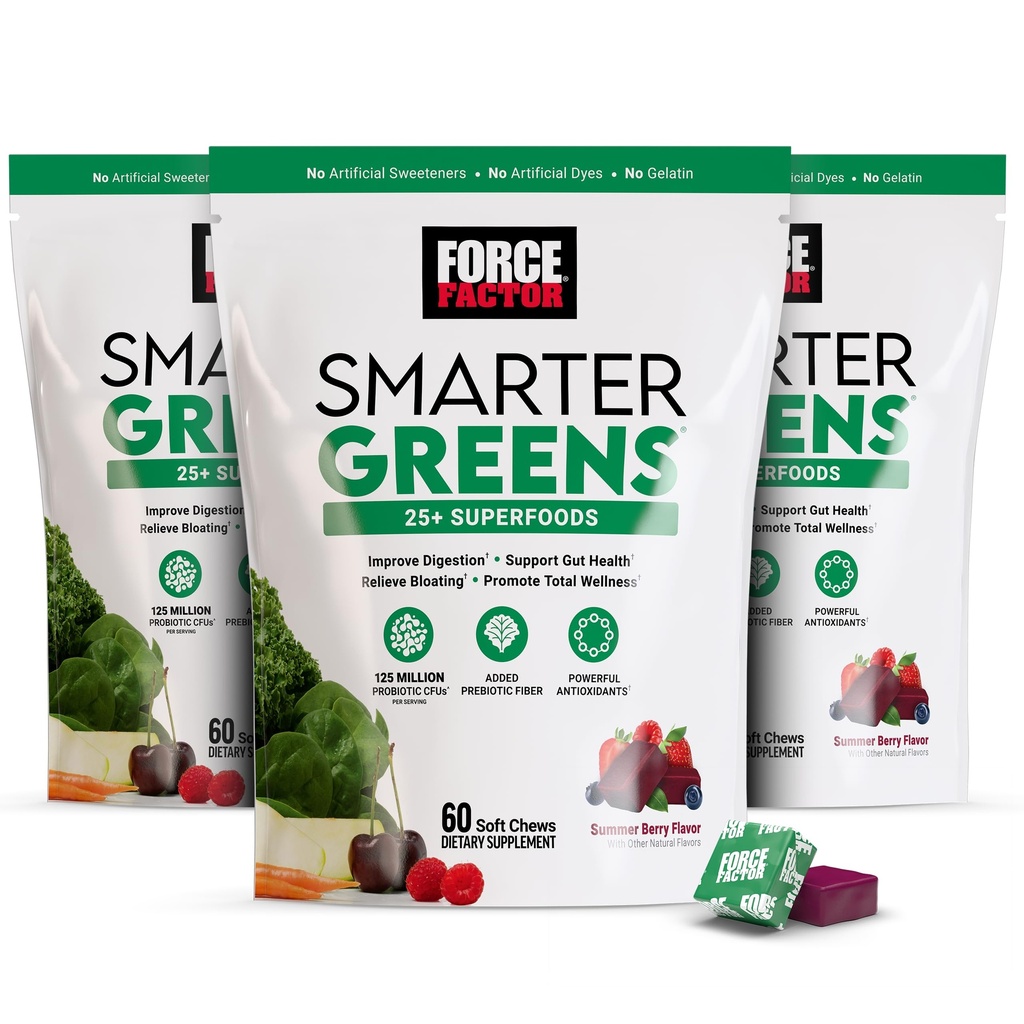 FACTEUR DE FORCE Plus intelligent Greens Superfood Chews, 3-Pack, Greens et Superfoods avec Probiotiques, Antioxydants et Fibre, Supplément Greens pour soutenir la digestion, l'oxyde nitrique et l'énergie, 180 Chews