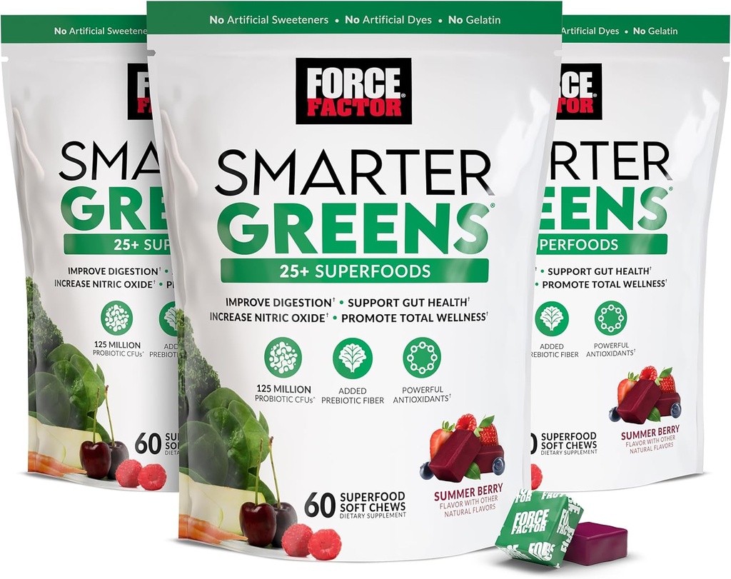 FACTEUR DE FORCE Plus intelligent Greens Superfood Chews, 3-Pack, Greens et Superfoods avec Probiotiques, Antioxydants et Fibre, Supplément Greens pour soutenir la digestion, l'oxyde nitrique et l'énergie, 180 Chews