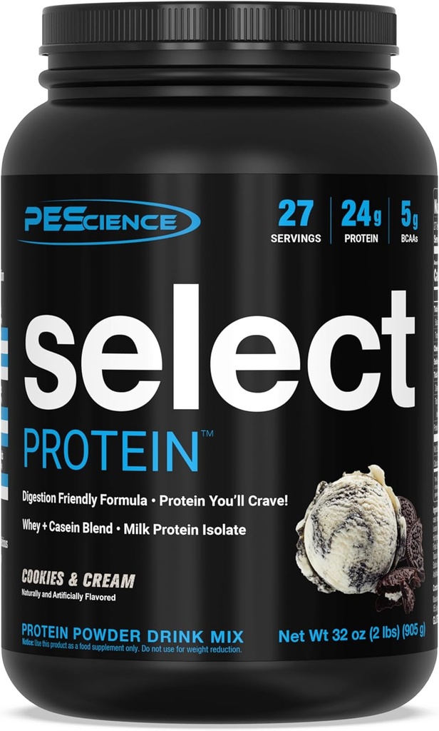 PEScience Select Poudre de protéines, mélange de lactosérum et de caséine, poudre de protéines propres pour les femmes et les hommes, faible teneur en calories, faible teneur en glucides, kéto amical, sans gluten - Cookies et crème - 27 portions