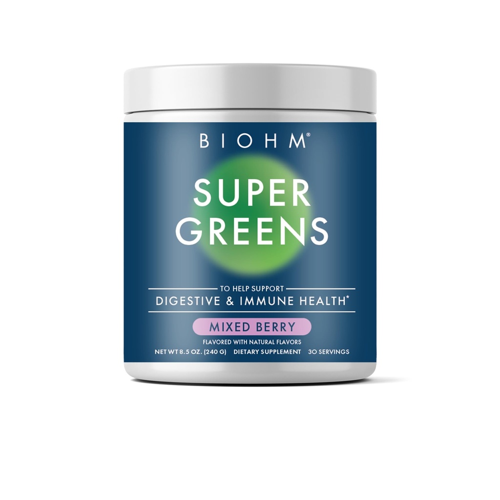 BIOHM Super Greens, Green Superfood Powder (8.5 Oz, 30 portions) Antioxydant Veggie Powder & Smoothie Mix, 34 Superfoods & Spiruline, enzymes digestives, prébiotiques et probiotiques, mélange de saveur de baie