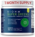 BIOHM Super Greens, Green Superfood Powder (8.5 Oz, 30 portions) Antioxydant Veggie Powder & Smoothie Mix, 34 Superfoods & Spiruline, enzymes digestives, prébiotiques et probiotiques, mélange de saveur de baie