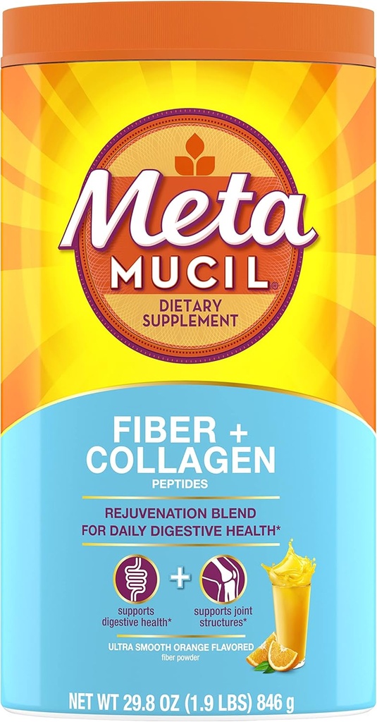 Métamucil quotidien fibre + collagène, poudre de musc de Psyllium, supplément de fibre à base de plantes, sans sucre avec Stevia, supplément de fibre 3-en-1 pour la santé digestive, aromatisé orange, 90 doses