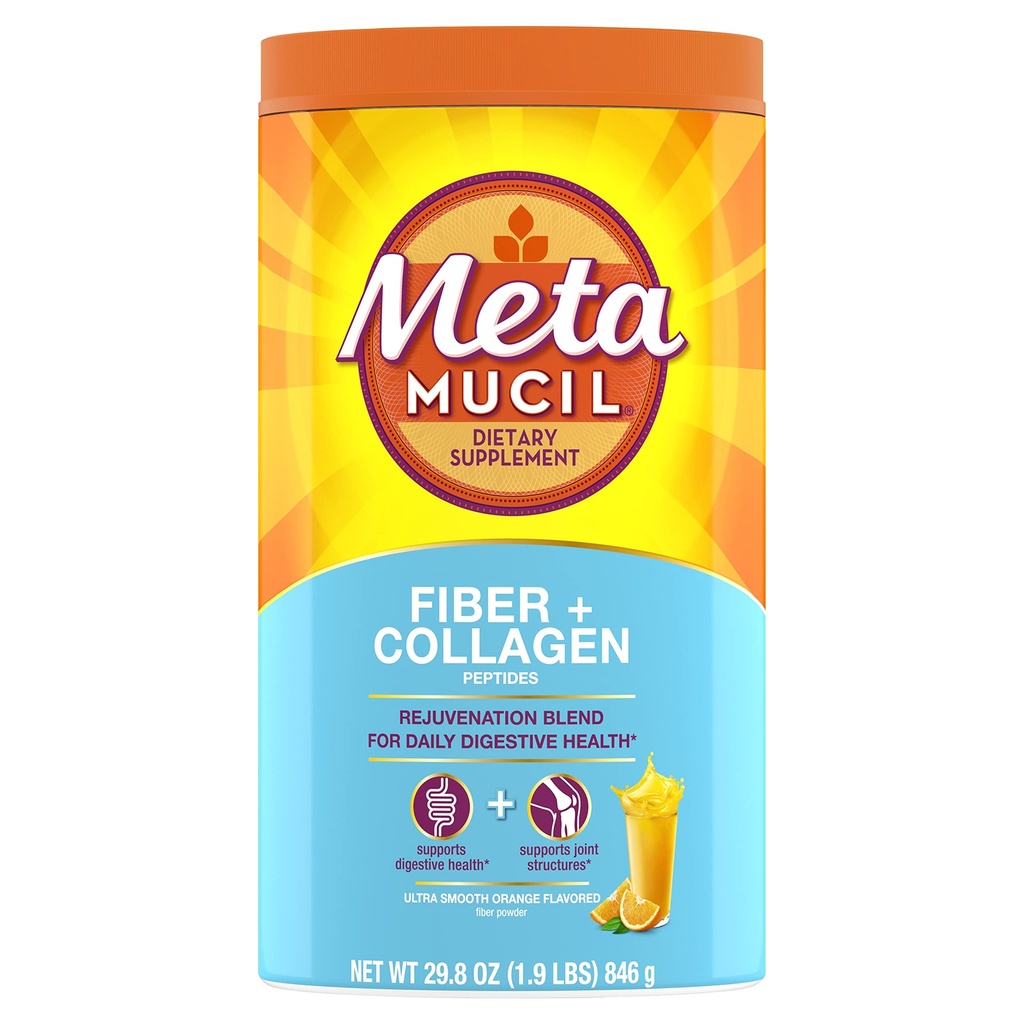 Métamucil quotidien fibre + collagène, poudre de musc de Psyllium, supplément de fibre à base de plantes, sans sucre avec Stevia, supplément de fibre 3-en-1 pour la santé digestive, aromatisé orange, 90 doses