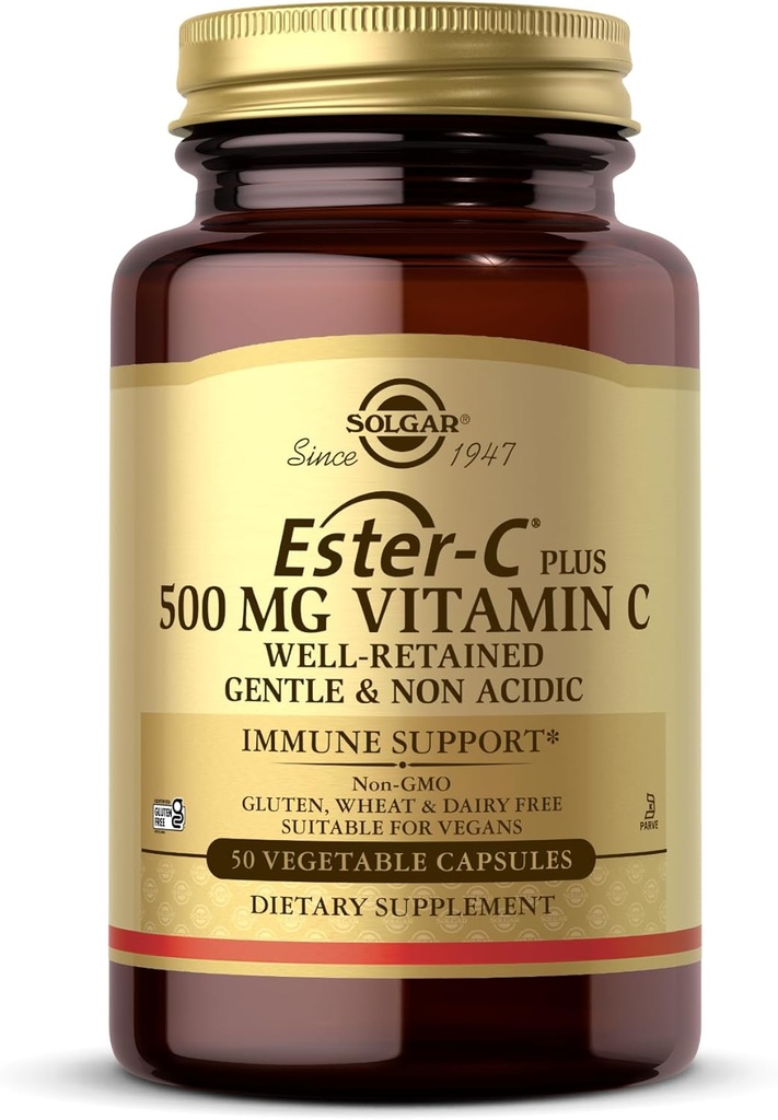 Solgar Ester-C Plus 500 mg Vitamine C (Complexe d'Ascorbate) - 50 capsules végétales - douces et non acides - Antioxydants et immunosupport - Non OGM, végétalien, sans gluten, sans casher - 50 portions