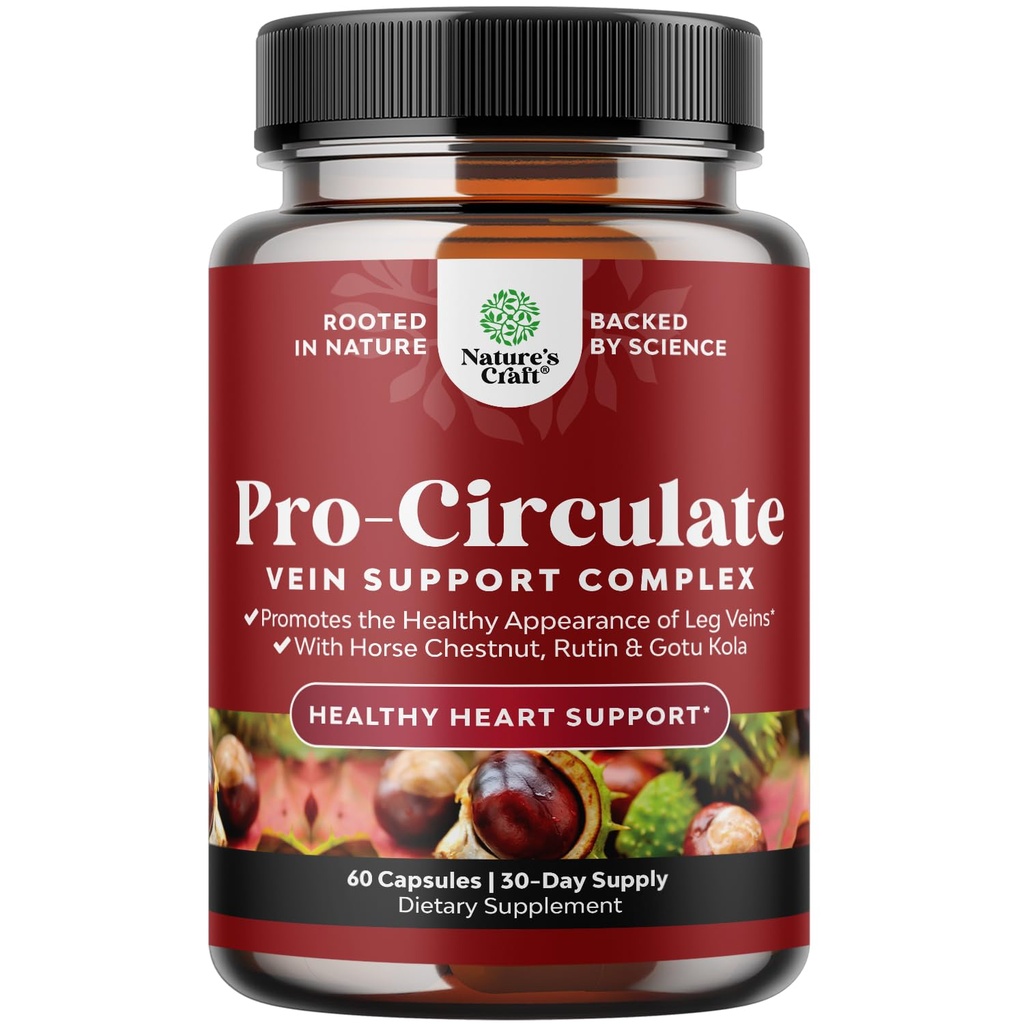 Natures Craft Vein Support Supplement for Leg and Veins - Full Body Supplement for Spider & Varicose Veins and Improved Flow with Horse Chestnut Extract - Vegan Non-GMO Capsules - 60 Count